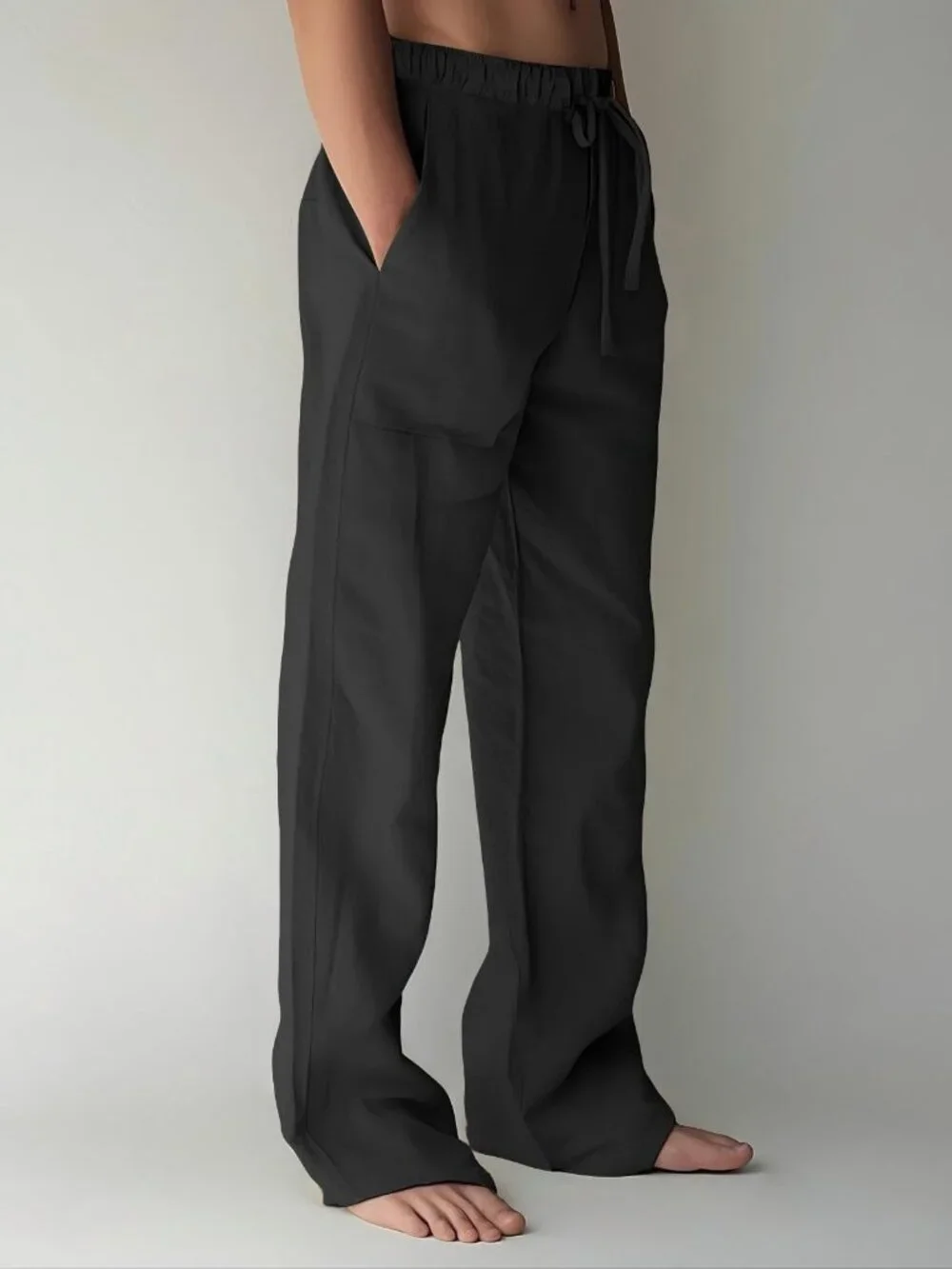 Mens Cotton Blend Pants Loose Fit Drawstring Beach Pants with Pockets Black